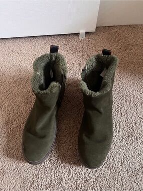 Cougar Olive Green Suede Ankle Boots with Shearling Trim